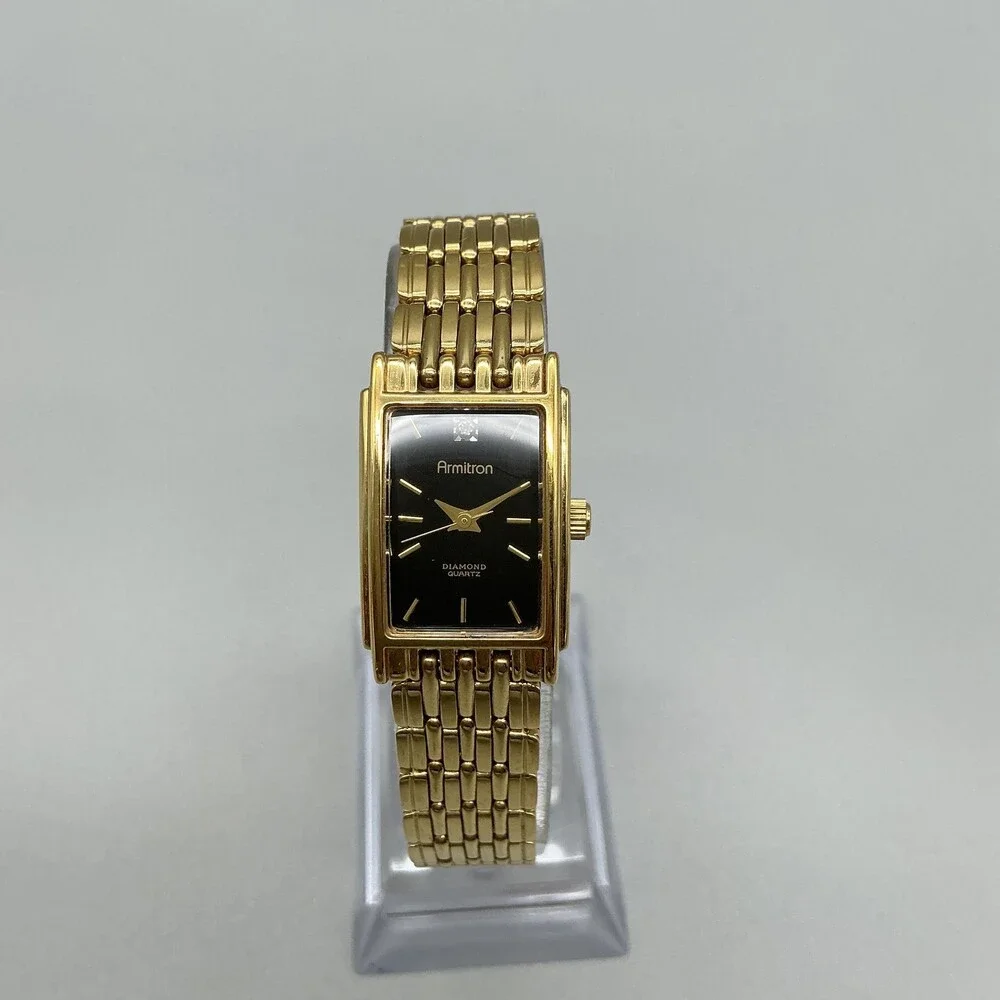 Armitron Diamond 26/5182 Womens Watch 17mm Black Gold Tone New Battery 7.25
